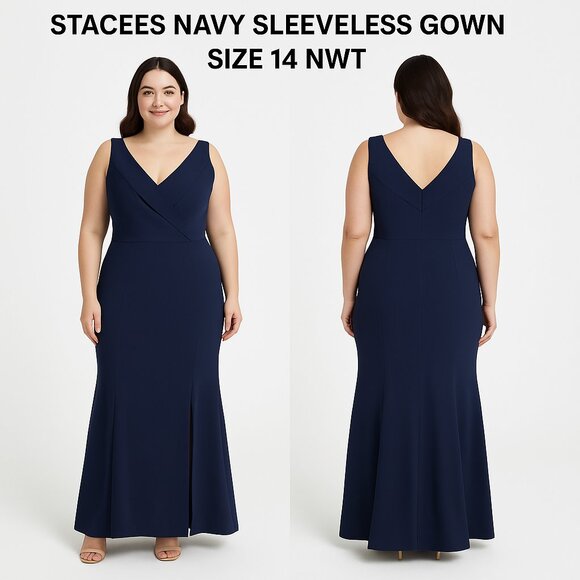 Stacees Sleeveless Navy V-Neck Gown Size 14 NWT - Picture 1 of 13